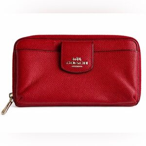 Coach Red Leather Zip Around Wallet Wristlet Organizer gold accents
